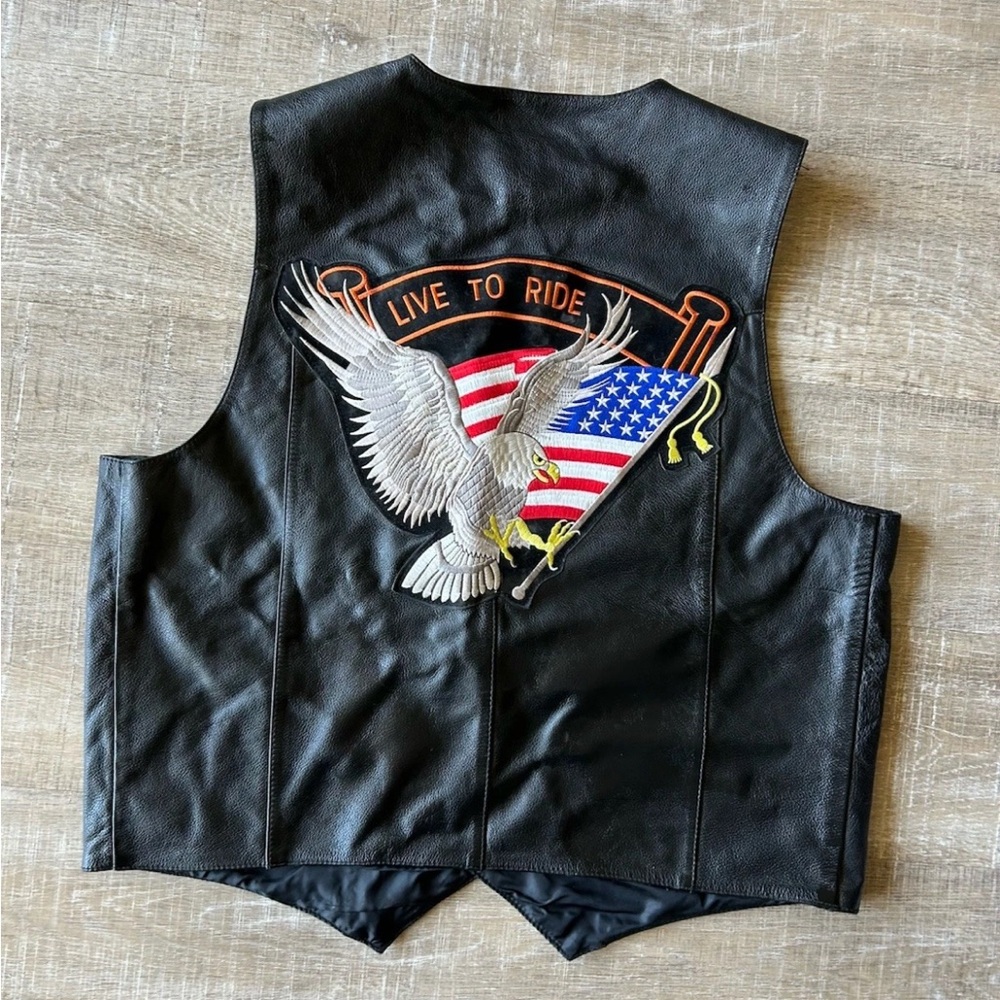 ▶️ Leather Biker Vest Mens 48 Black Eagle Patch Motorcycle Live To Ride USA